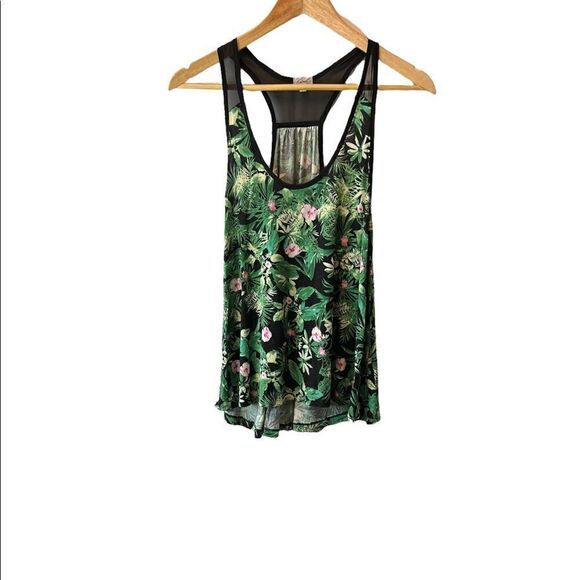 KISMET Green Tropical Print Racerback Mesh Top Loose Fit Tank Top S - Picture 1 of 8